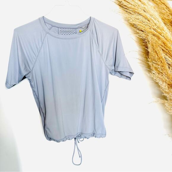 NORDSTROM ZELLA Grey Short Sleeve Drawstring Tie Stripe Waist Gym Shirt Top XS - Picture 8 of 8